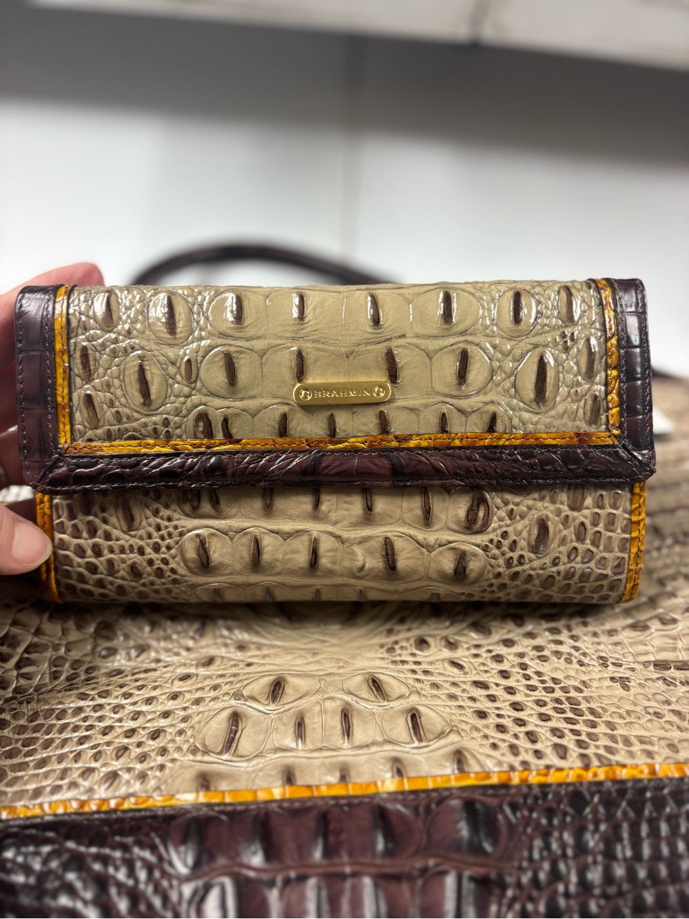 Brahmin Croc-Embossed Satchel in Beige and Dark Brown with Yellow Trim - Picture 5 of 16